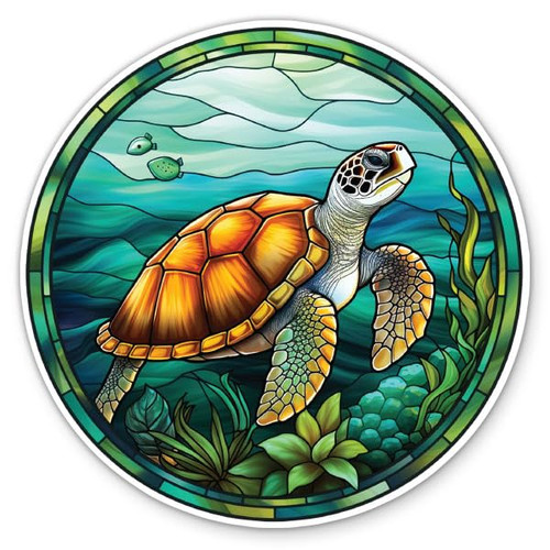 Sea Turtle Swimming Sticker - 3" Laptop Sticker - Waterproof Vinyl for Car, Phone, Water Bottle - Stained Glass Style Pretty Colorful Decal