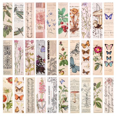 TIESOME 30 Pcs Vintage Paper Bookmarks, Elegant Pattern Paper Bookmarks Natural Themed Book Marks Retro Aesthetic Book Mark Simple Style Book Accessories Butterfly Flower Plant for Reading Marking