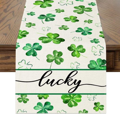 St Patricks Day Table Runner Lucky St Patricks Day Decoraions Green Shamrock Clover Seasonal Spring Holiday Kitchen Dining Table Decorations for Indoor Outdoor Home Party Table Decor 13x72 Inch