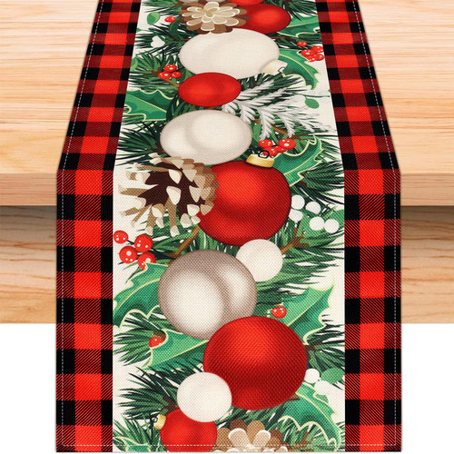 Ajmyonsp Christmas Table Runner 72 Inches Long, Linen Red and Black Buffalo Check Plaid Xmas Ball Winter Table Runners, Christmas Farmhouse Party Decoration Holiday Kitchen Dining Decor Ajmyonsp Christmas Table Runner 72 Inches Long, Linen Red and Black Buffalo Check Plaid Xmas Ball Winter Table Runners, Christmas Farmhouse Party Decoration Holiday Kitchen Dining Decor