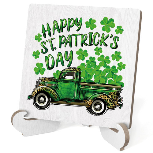 Happy St Patricks Day Decorations Funny Clover Farmhouse Home Office Desk Decor for Women Wood Plaque Sign with Stand Tiered Tray Cubicle Shelf Table Decor Irish Gifts 4 X 4 Inch