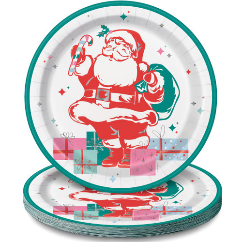 Unique Industries Bright Santa Round Paper Dinner Plates - 9" (8 Ct) | Disposable, Sturdy & Festive for Holiday Celebrations