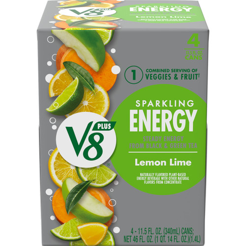 V8 SPARKLING +ENERGY Lemon Lime Energy Drink, 11.5 fl oz Can (Pack of 4)