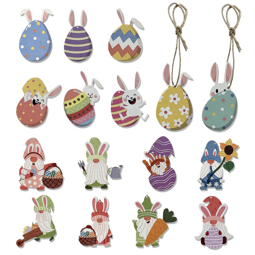 LekWinGi Wooden Spring Easter Ornaments for Tree Easter Eggs Rabbit Gnomes Decorations Wooden Tree Hanging Ornaments with Rope Spring Ornaments for Party Decor (16 pcs)