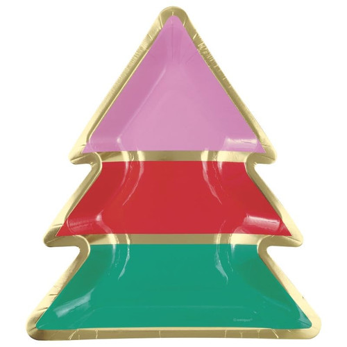 Unique Industries Vibrant Christmas Tree Shaped Dessert Paper Plates with Foil Stamped Design - (8 Ct) | Perfect for Festive Holiday Parties & Gatherings
