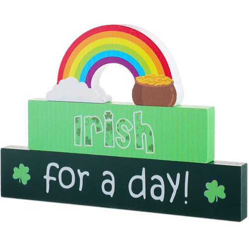 3 Pieces St Patricks Day Table Wood Signs, Rainbow Shamrock Table Top Decor Irish Lucky Wood Block St Patricks Day Wooden Sign Centerpiece for Home Fireplace Office Shelf