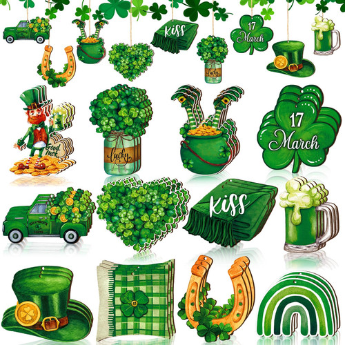 GlikCeil 36 Pcs St. Patrick's Day Shamrock Ornaments St. Patrick's Day Tree Decorations St. Patrick's Day Hanging Ornament Shamrocks Wooden Ornaments Tree Hanging Sign Decorations for Home (Groovy)