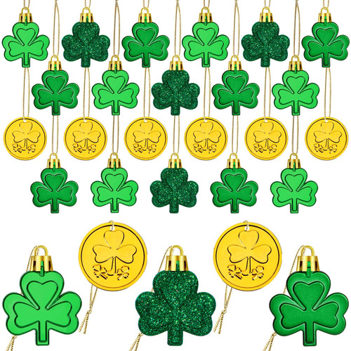 JULMELON St Patricks Day Decorations, 20Pcs Shamrock Decorations Green Shamrock Ornaments Good Luck Clover Gold Coinages Hanging St Patricks Day Ornaments for Tree Irish Festival Party Supplies