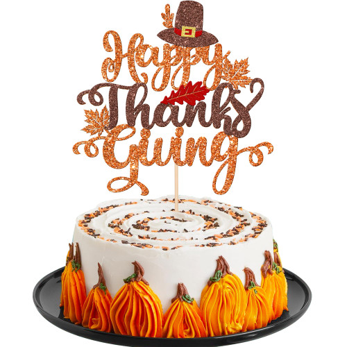 1 PCS Happy Thanksgiving Cake Topper Glitter Maple Leaves Happy Friendsgiving Cake Pick Autumn Fall Thankful Grateful Blessed Cake Decoration for Thanksgiving Day Theme Party Supplies Orange