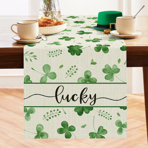 Bonhause St. Patrick's Day Table Runner 13x72 Inch Green Shamrock Clover Lucky Spring Seasonal Holiday Kitchen Dining Table Decoration for Indoor Outdoor Home Party Decor