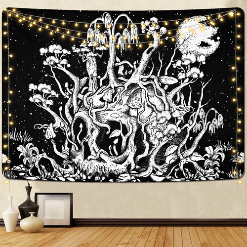 Krelymics Skull Mushroom Tapestry Mystic Eyes Tapestries Moon and Stars Tapestry Gothic Skeleton Tapestry Black and White Wall Tapestry for Bedroom Aesthetic(59.1 x 82.7 inches)