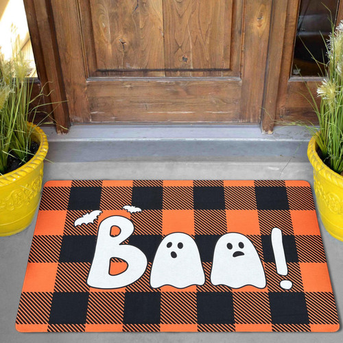 TRUEDAYS Halloween Door Mat Orange and Black Ghosts Boo Plaid Checkered Rug, Cute Cartoon Spooky Outdoor Indoor Welcome Mat, Halloween Decoration Doormat with Non Slip Rubber Backing TRUEDAYS Halloween Door Mat Orange and Black Ghosts Boo Plaid Checkered Rug, Cute Cartoon Spooky Outdoor Indoor Welcome Mat, Halloween Decoration Doormat with Non Slip Rubber Backing