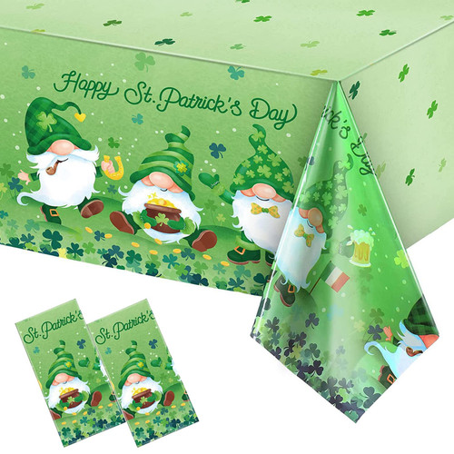 Vedran 2 Pack Happy St Patricks Day Tablecloth Decorations, Three Cute Gnomes Disposable Plastic Tablecloth, 54 x 108 Inch Rectangle Tablecloth for St Patricks Day Holiday and Spring Decorations
