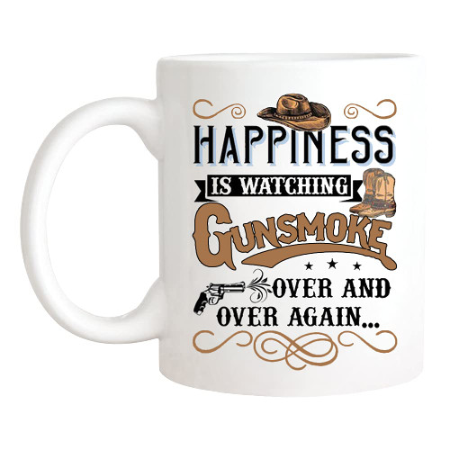 Novelty Ceramic Coffee Mug Happiness is Watching Gunsmoke Over And Over Again Mug Funny Mug Anniversary Birthday Christmas Gifts Tea Cups Home Decor, 11 Oz