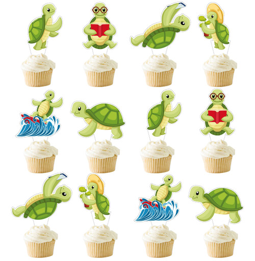 Xiliconie Turtles Birthday Party Supplies,24 PCS Baby Turtle Cupcake Toppers , Sea Turtle Cake,Animals Birthday Party Decorations Supplies, Ocean Sea Themed for Baby Shower (Turtle)
