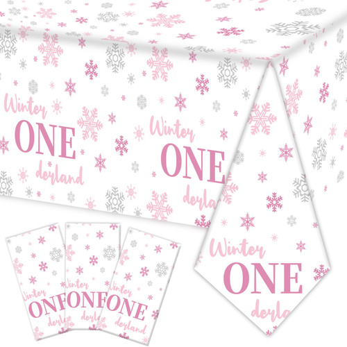 Ougher 3Pcs Winter Onederland Snowflake Tablecloth, Winter Onederland 1st Birthday Girl Frozen Tablecloth Snowflake Table Cover for Winter Onederland Snowflake Baby First Birthday Girl Party Supplies