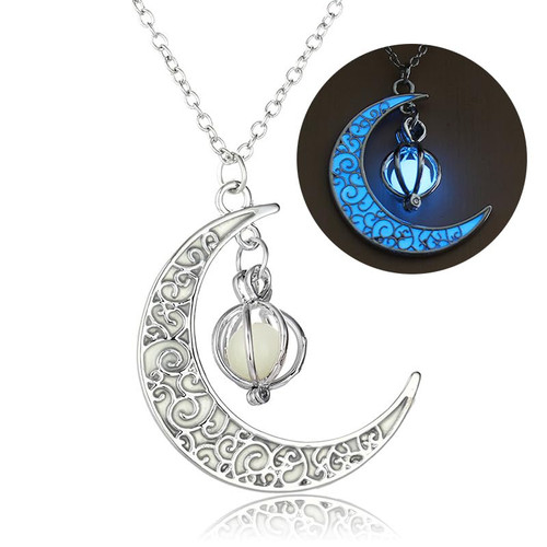 Rckcu Glow in The Dark Silver Crescent Moon and Orb Necklace - Glowing Blue Moon Charm - Magical Fantasy Fairy Glowing Necklace - Glow Jewelry (sky blue)