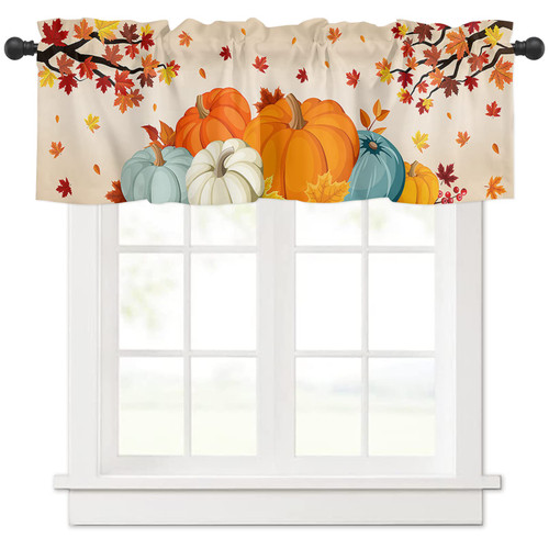 Fall Kitchen Valances for Windows Rod Pocket Thanksgiving Small Window Kitchen Curtains Valances for Bathroom Living Room Fall Pumpkin Seasonal Autumn Harvest Thanksgiving 1 Panel, 54 x 18 Inch