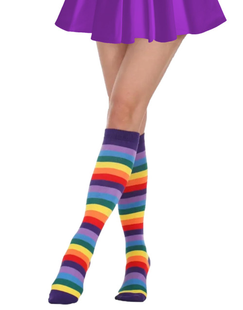 Holiday Hero Rainbow Knee High Socks, Thigh High Socks for Women and Men Rainbow Premium Cotton Made Rainbow Pride Socks, Men and Women Knee High Stripe Socks for Pride - Rainbow Purple