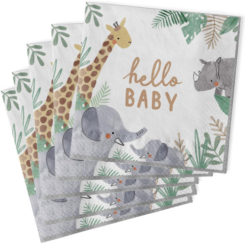 Amscan Soft Jungle Hello Baby White Luncheon Paper (Pack of 16) Napkins, 6.5" x 6.5"
