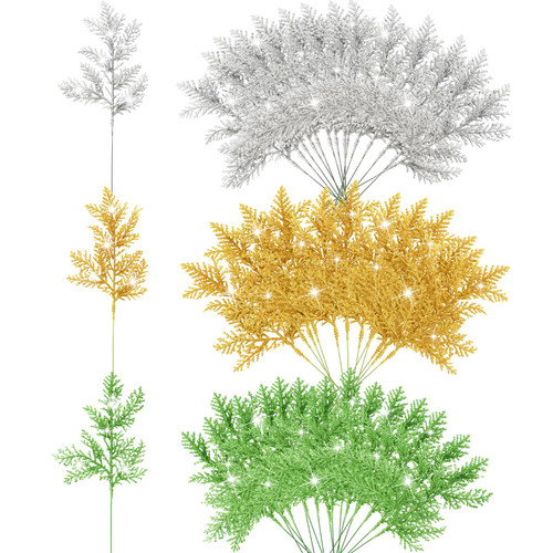 BOARDFEB 30 Pcs Christmas Artificial Pine Needles, 10.6 Inch Glitter Pine Stems Pine Leaves Branches Faux Cedar Picks for DIY Garland Wreath Christmas Tree and Home Garden Decoration