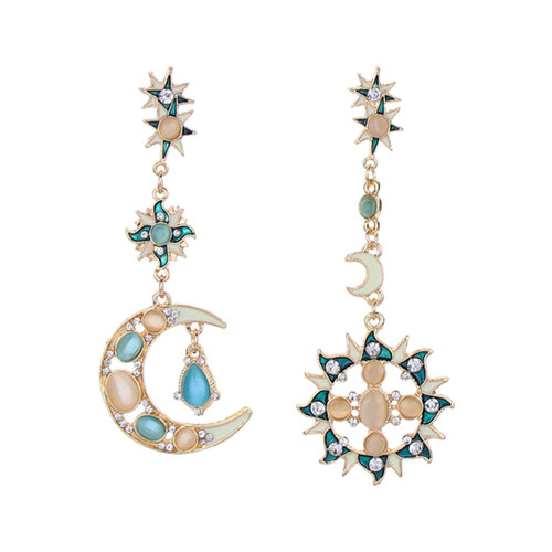 Vintage Asymmetrical Sun and Moon Drop Dangle Earrings Rhinestone Crystal Moonstone Crescent Star Long Stud Earrings Bohemian Exaggerated Luxury Statement Earrings for Women Girls Jewelry-style A