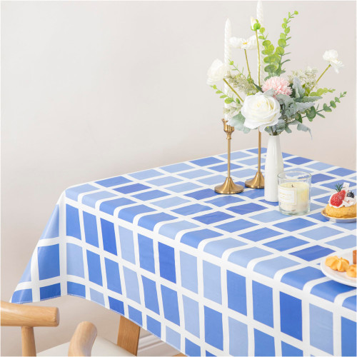 FIFTY FEET 70 * 52 Inch Rectangle Tablecloth, Vinyl Tablecloth with Flannel Backing for Rectangle Tables Waterproof, Plastic Picnic Table Cover for Dining Table/Buffet Parties/Camping(Blue Plaid)