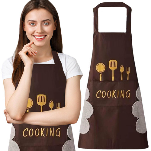 WQINX aprons for women with pockets kitchen apron with hand wipe pockets, waterproof for cooking and baking (brown)