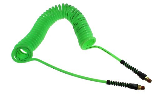 Coilhose Pneumatics PU14-5B-G Flexcoil Polyurethane Coiled Air Hose, 1/4-Inch ID, 5-Foot Length with (2) 1/4-Inch Reusable Strain Relief MPT Swivel Fittings, Neon Green