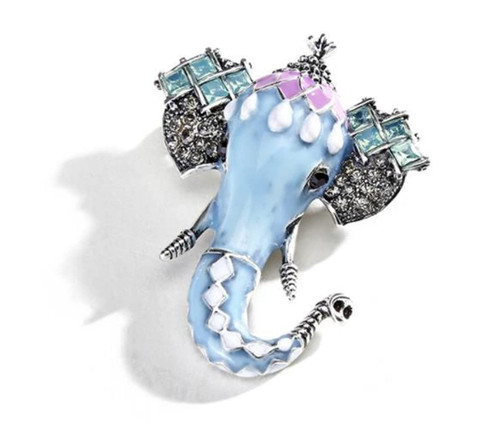 ulricar Fashion Auspicious Elephant Brooch Female Wild Atmosphere Thai Style Animal Brooch lovely Blue Elephant Brooch Pin For Women Kids Scarf Clothes Dress
