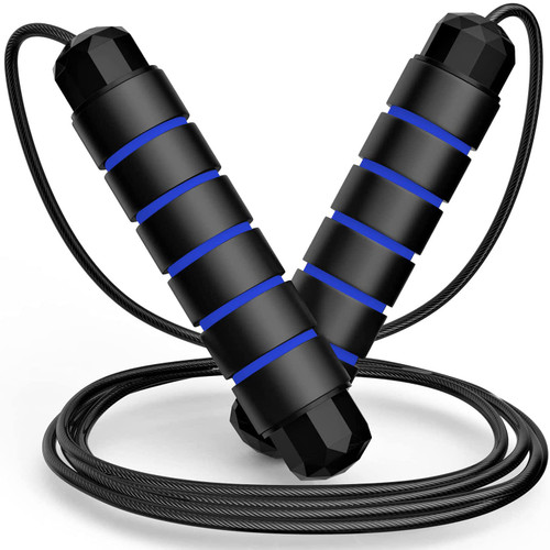 Jump Rope - Tangle-Free Rapid Speed Jumping Rope Cable with Ball Bearings, Adjustable Jumping Ropes with 6" Memory Foam Handles for Men, Women and Kids (blue)