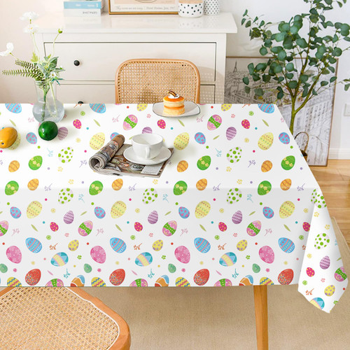 ROMANKAS Happy Easter Table Cloth Plastic Easter Tablecloth Rectangle 54x108 2 Packs Colorful Eggs Table Cover Picnic Table Cloths Spring Party Table Overlay for Easter Day Home Kitchen Decoration