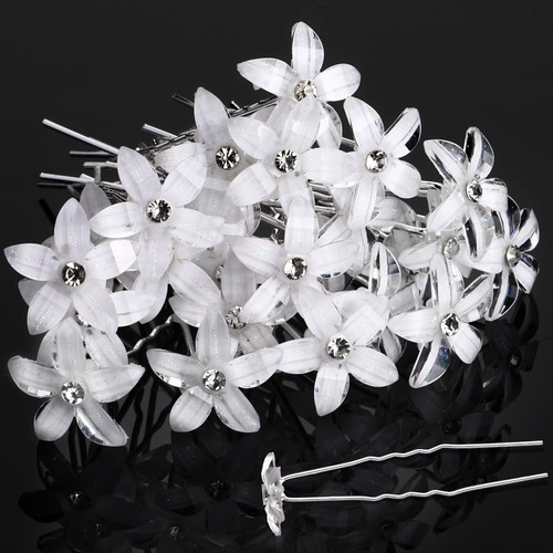 24 Pieces Wedding Flower Hair Pins Rhinestone Wedding Bobby Pins U Shaped Flower Hair Clips White Flower Bridal Hair Pins Wedding Hair Accessories for Women Brides Bridesmaids Hair Jewelry