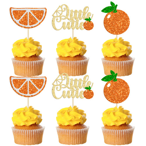 Gyufise 24Pcs Little Cutie Cupcake Toppers Glitter Fruit Orange Cupcake Picks for Citrus Theme Baby Shower Kids Boys Girls Birthday Party Cake Decorations Supplies Gold