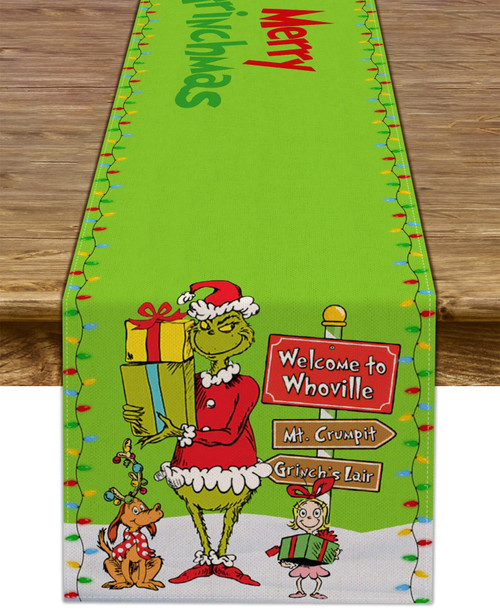 Merry Grinchmas Table Runner Christmas Whoville Winter Holiday Party Kitchen Fireplace Dining Room Home Decor (13" x 72")