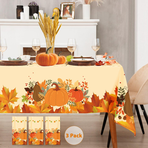 Alitake 3-Pack Fall Tablecloths - Pumpkin & Leaves Print, Disposable Plastic Table Covers for Thanksgiving, 54 x 108 Inches