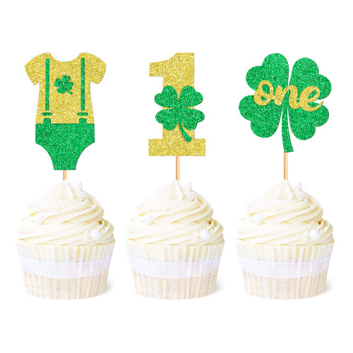 Ercadio 24 Pack St Patrick's Day Four Leaf Lucky One Cupcake Toppers St Patrick's Day Baby Shower Cupcake Picks Four Leaf Clover Number 1 and 1st Cupcake Toppers for Baby Shower Party Decor