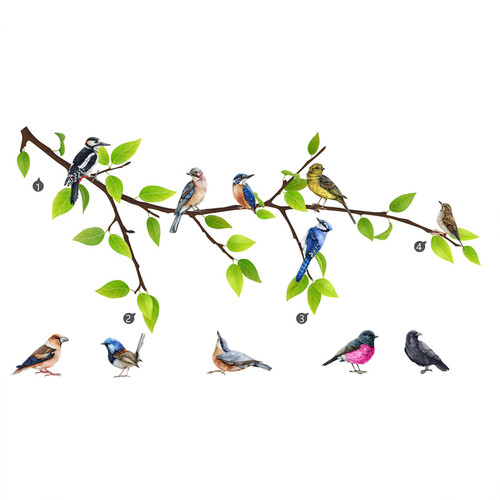 BWCXXZH Hummingbird on The Tree Branch Wall Sticker, Colorful Birds Green Tree Decals, Removable Green Leaf and Flying Bird DIY Art Wall Decal for Garden Living Room Bedroom Kitchen Nursery Room