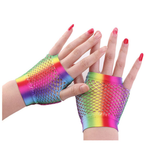 Mrotrida Women's Punk Fingerless Glove Cosplay Rainbow Fishnet Gloves for Halloween Costume Party 1 Pair (Short Rainbow Fishnet)