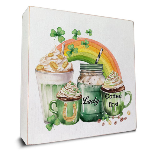 St. Patricks Day Decor Coffee First Wood Sign St Patricks Day Decorations for Home Kitchen Shelf Table 5 X 5 Inch