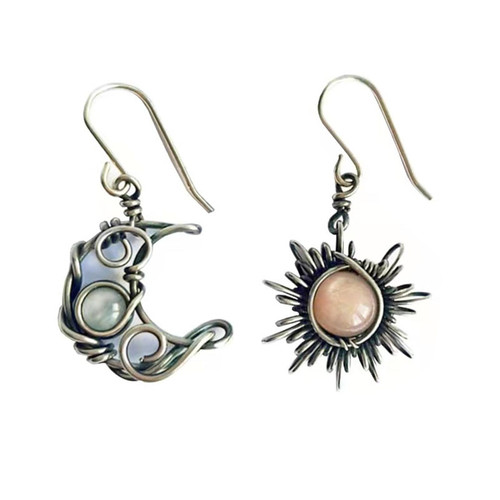 Boho Opal Sun and Moon Drop Dangle Earrings for Women Girls Moonstone Natural Stone Hook Earrings Vintage Bohemian Asymmetrical Antiqued Silver Drop Earrings Unique Handmade Retro Silver Sun Moon Dangle Drop Earrings Hypoallergenic Statement Jewelry