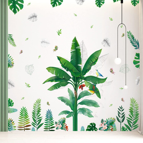 Green Tropical Leaves Wall Decal, Nature Palm Tree Leaf Plants Wall Sticker Cactus DIY Art Murals, Fresh Leaves Wall Decor for Bedroom Living Room Classroom Offices Home Decoration (Style 26)