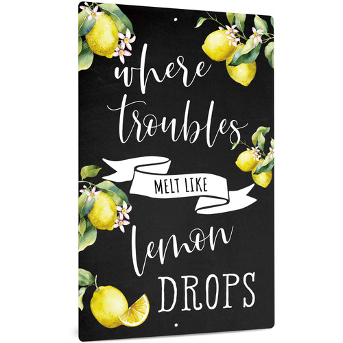 Putuo Decor Lemon Kitchen Decor, Farmhouse Wall Sign for Dining Room, Living Room, Garden, 12x8 Inches Aluminum Metal Sign - These Troubles Melt Like Lemon Drops