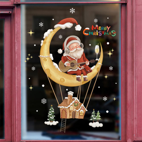 1Pcs Cartoon Christmas Window Stickers Christmas Window Clings Reusable Christmas Wall Stickers Santa Claus Xmas Tree Moon Window Decor Christmas Window Decorations Wall Decals for Merry Christmas