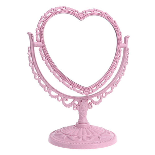 Makeup Mirror Heart Shaped Rotatable Double Sided Desktop Cosmetic Vanity Mirror(Pink)