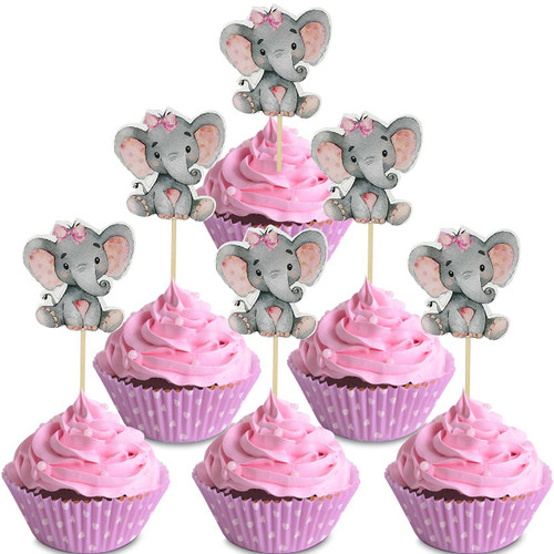 36 Pieces Elephant Cupcake Toppers for Baby Shower Baby Girl Birthday Party Supplies Cake Decorations Cute Baby Shower Cupcake Picks Baby Girl Cupcake Toppers (Pink)