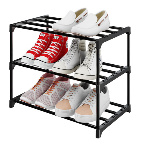 4-Tier Small Shoe Rack, Narrow Stackable Shoe Shelf Storage Organizer, Sturdy Metal Expandable Free Standing Shoe Racks for Entryway Hallway Closet Bathroom Living Room (3-Tier-Black)
