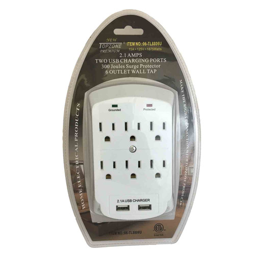 Topzone 6 AC Wall Outlet Mount Surge Protector Adapter with Dual USB Charging Ports