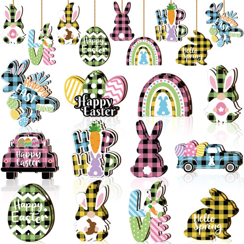24 Pieces Easter Wooden Ornaments for Tree Happy Easter Egg Gnome Bunny Chick Cutouts Wood Hanging Ornament Spring Easter Wooden Slice Decorations for Party Home Classroom Decor, 12 Styles (Plaid)