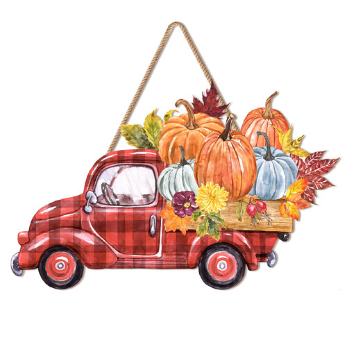Fall Harvest Truck Wooden Sign with Pumpkin Maple Leaves Thanksgiving Red Buffalo Plaid Truck Carrying Pumpkin Farmhouse Door Decor Vintage Autumn Thanksgiving Door Sign for Yard Farmhouse Front